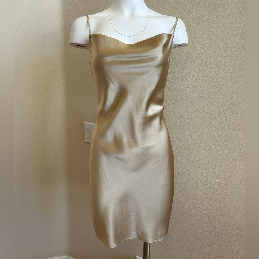 Fleur du mal NWT Short Cowl Neck Slip Dress Small Silk Bubbly Gold Mini - Picture 2 of 6